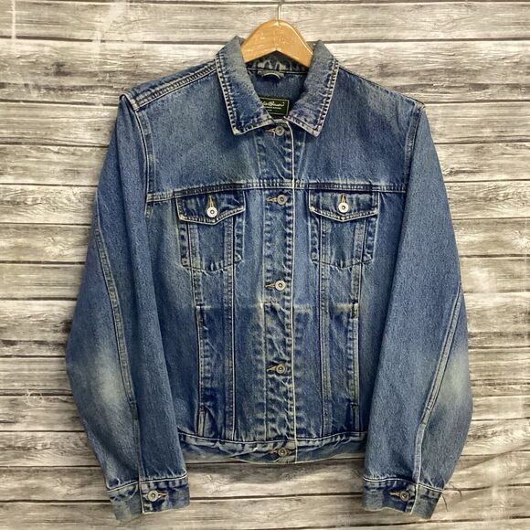 Eddie Bauer Denim Jacket Women Tall XL Blue Medium Wash Trucker Outdoor Workwear - Picture 1 of 7